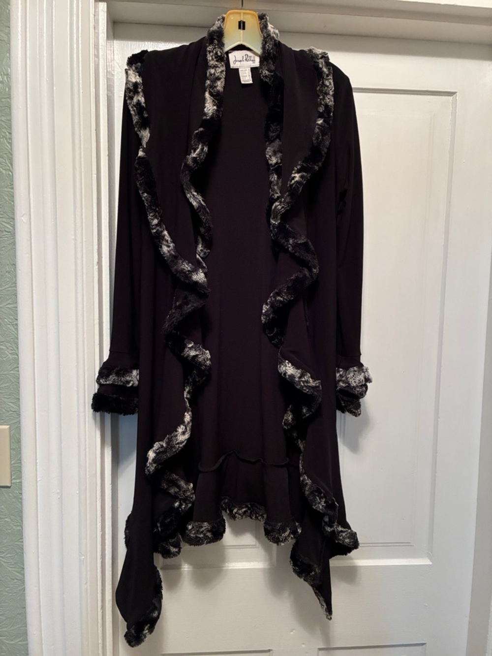 Joseph Ribkoff Black Open-Front Cape with Faux Fur Trim